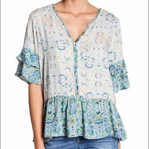Blue Ruffle Print Blouse Shirt by Democracy